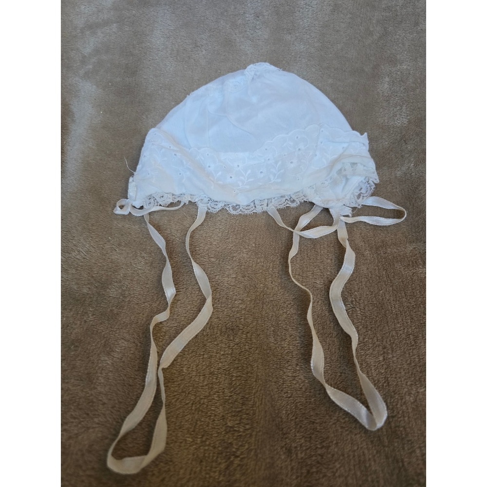 Vintage White Cotton Baby Bonnet Lace Eyelet Embroidery Christening Baptism Hat